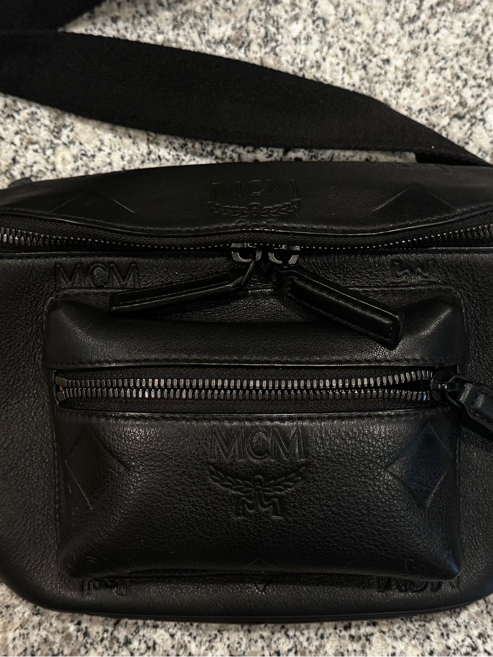 MCM Black Embossed Leather Belt Bag